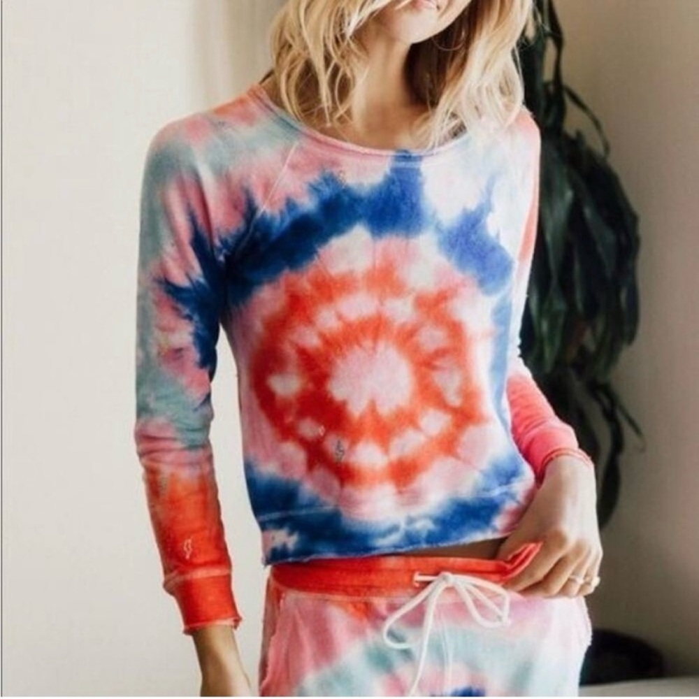 Chaser Linen Cotton Terry Tye Dye Lightening Bolt Raw Edge Pullover Sweatshirt S